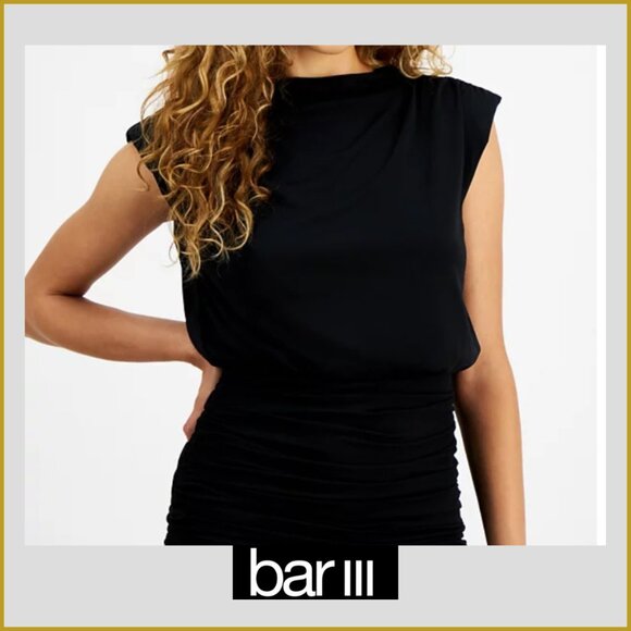 Bar III Black Mesh Ruched Midi Dress | Size M - Picture 5 of 5